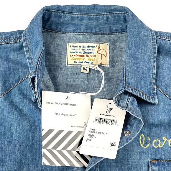 Sandrine Rose x Free People Denim Shirt Womens Medium Blue Seventy Pearl Buttons - Picture 5 of 9
